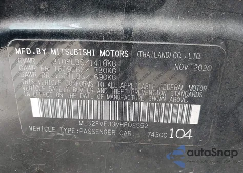 2021 Mitsubishi Mirage G4 Se из США, поврежденный, VIN ML32FVFJ3MHF02552